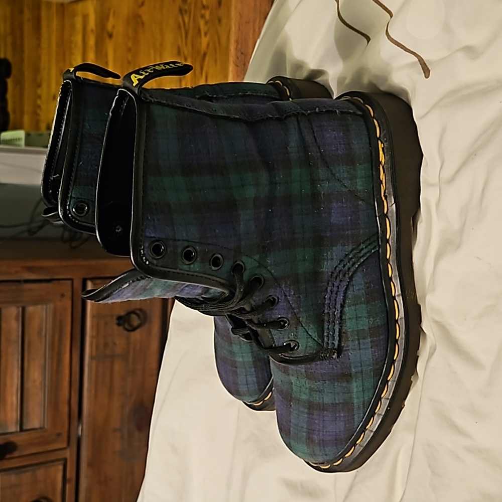 Dr. Martens Black and Green Plaid Lace-Up Boots